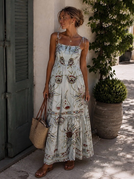 Omika Dresses & Skirts - NWT Omika Adley Blue Maxi Dress M Floral Smocked Resort Coastal Boho Luxury